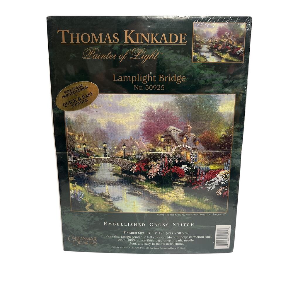 New 1996 Lamplight Bridge Cross Stitch Pattern Thomas Kinkade‎ Candamar Designs